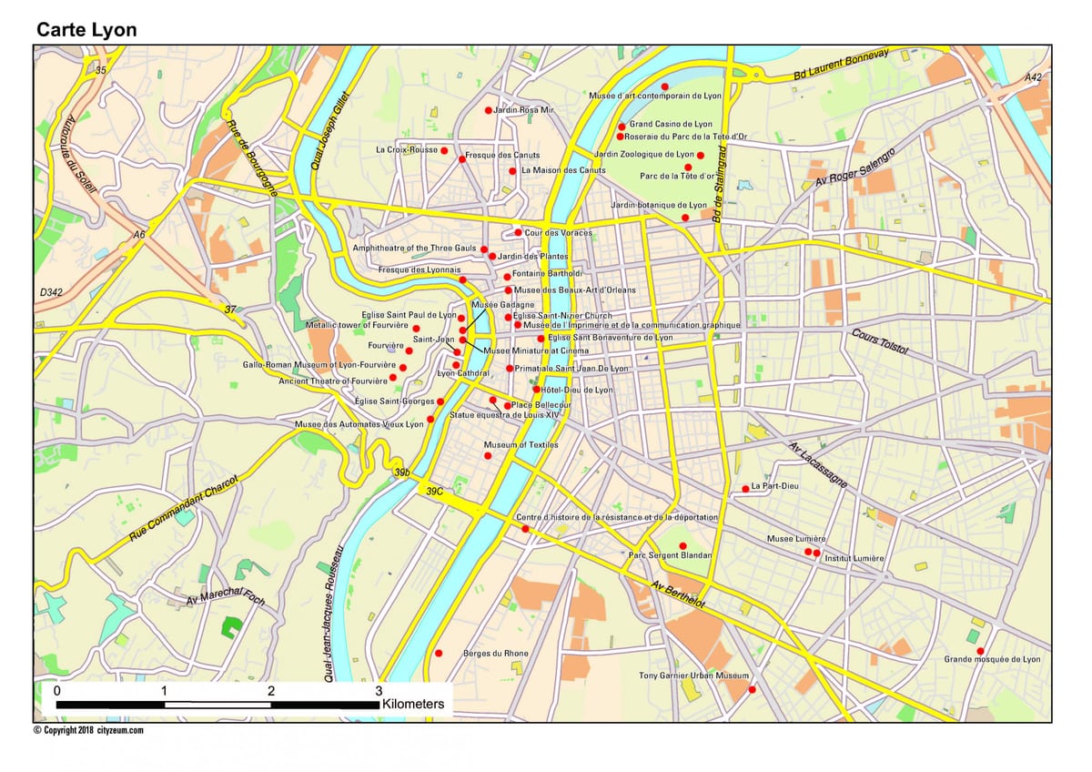 Lyon lankytinų vietų žemėlapis